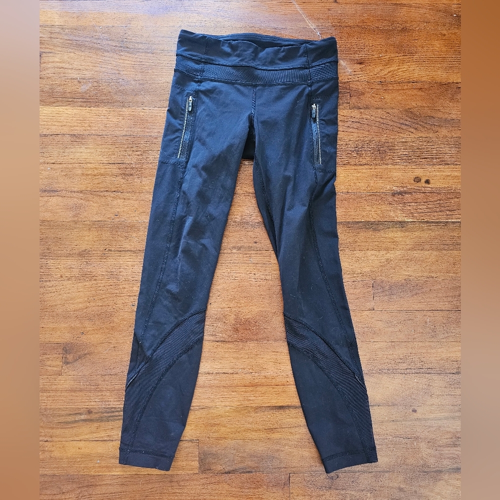 Lululemon Black Zip Front Pockets Mesh Accents Leggings X50416 Size‎ 4